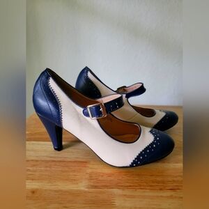 J. Adams Cream and Blue Faux Leather Mary Jane Heels